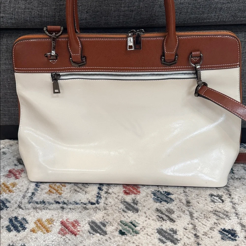 Cluci Leather Briefcase Tote Laptop Bag Brown Cream Work Satchel Structured